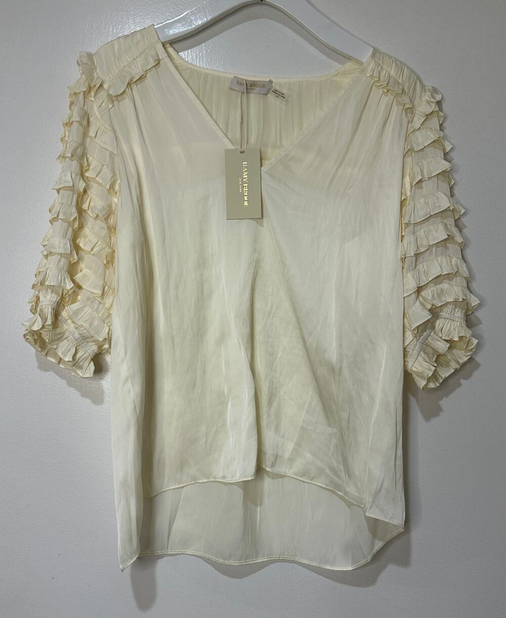 Ramy Brook Waverly Ruffle Short Sleeve Blouse Ivory Size Large NWT Ruffle Detail
